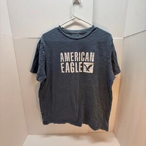 American Eagle Mens Graphic T-Shirt Grey Blue Cotton Logo Tee Large